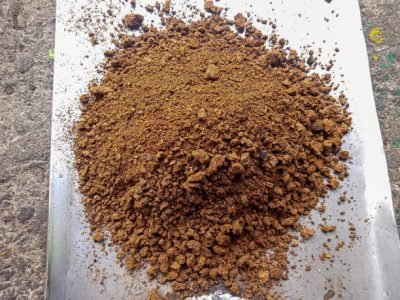 copra meal in a container for animal feed. selective focus