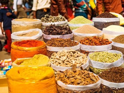 Sacks of spices and seeds at the Chadni Chowk spice markets in Delhi, India